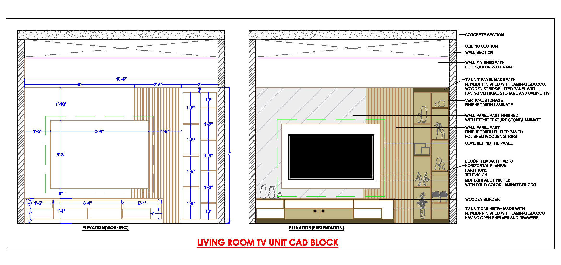 TV Unit CAD Block with Open Shelves & Drawers